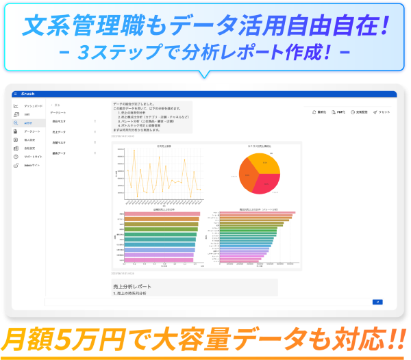 データ分析AIエージェント「Srush AI」。3ステップで分析レポート作成、月額5万円で大容量データ対応。無料トライアル案内受付中。BIツールを超える分析体験！3分でレポート作成。メールで自動配信。